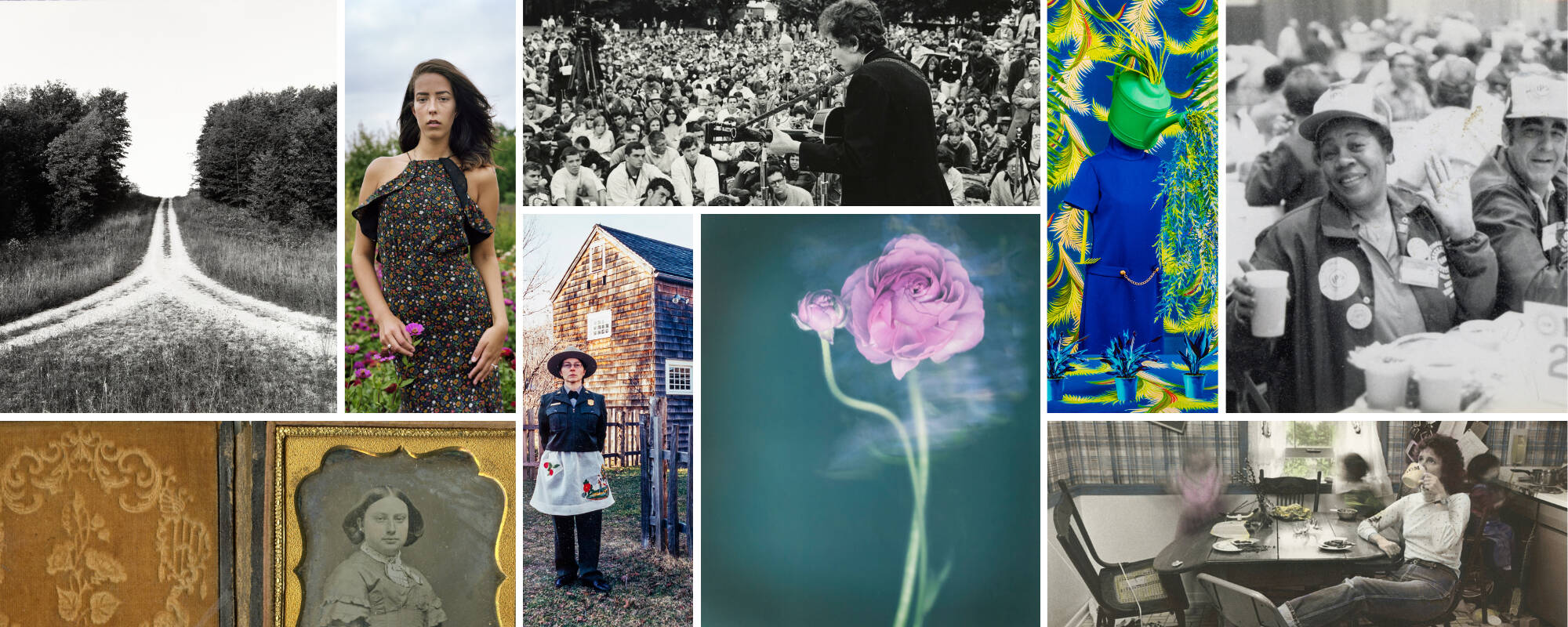 Collage of nine different images that represent different types of photography that can be found in the GVSU Art Museum collection.